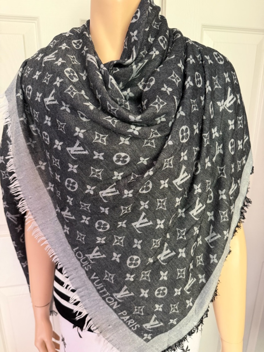 Louis Vuitton Black Grey Denim Monogram Scarf Wrap Shawl